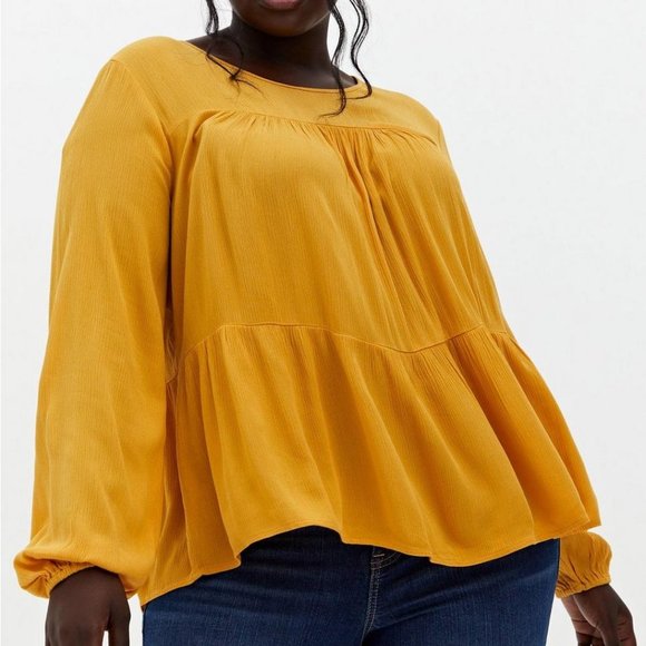 Torrid Crinkle Gauze long sleeve Tiered Top - Yellow Women's plus size 3 - Picture 2 of 7